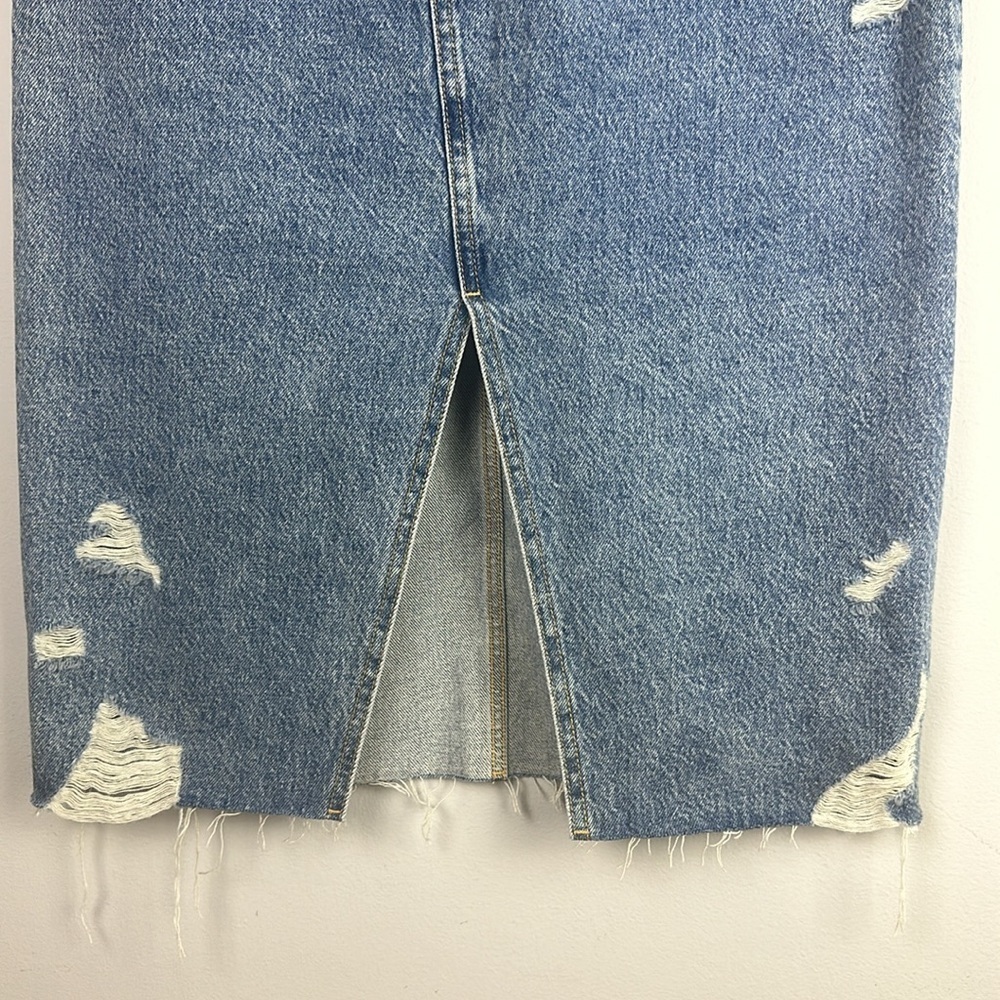 Zara Midi High Waisted Denim Skirt Blue Cotton Size M Distressed Split Front Hem - Picture 12 of 16